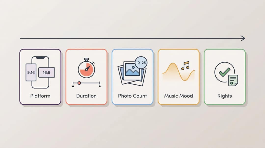 Five pre-production decision cards for photo video creation: platform, length, photo count, music mood, and copyright