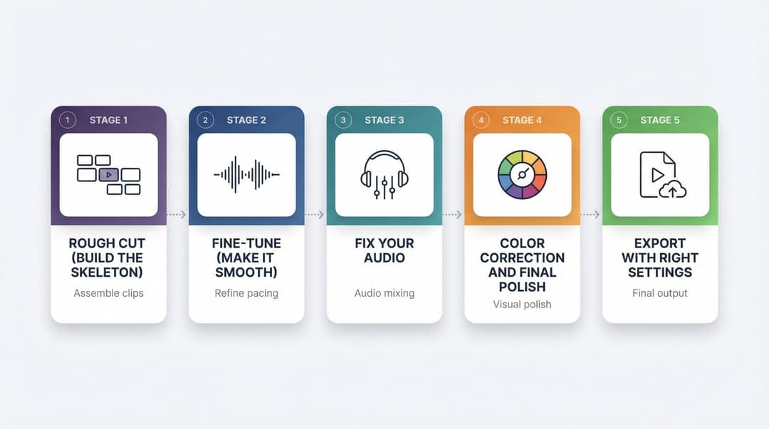 Five stages of editing: rough cut, fine-tune, fix audio, color correction and polish, export