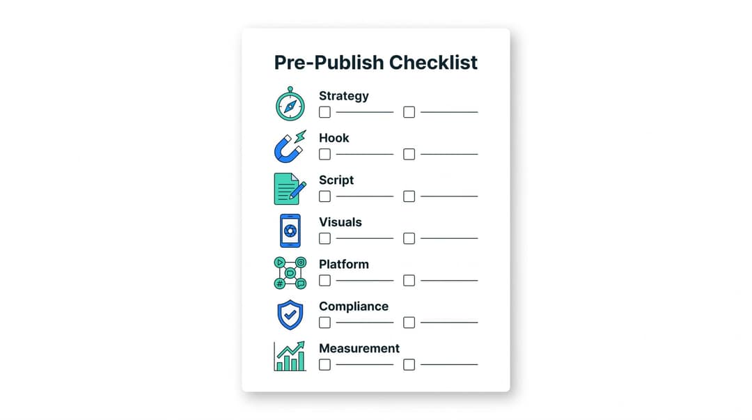 Pre-publish checklist for video creators showing seven sections: Strategy, Hook, Script, Visuals, Platform, Compliance, and Measurement