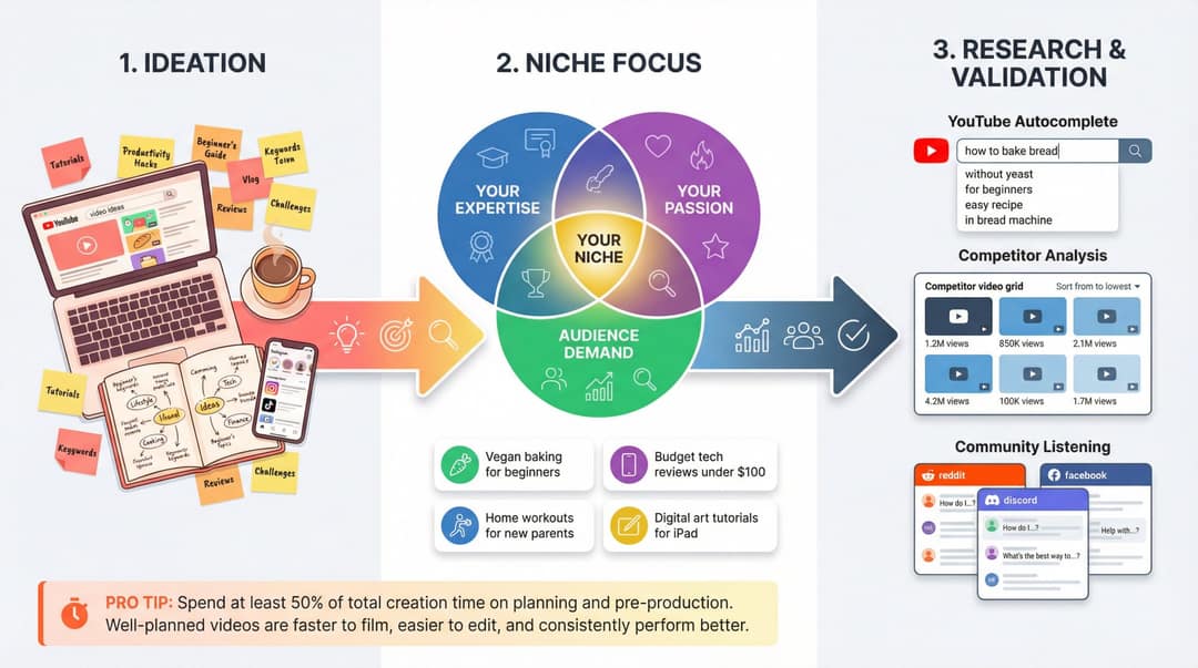 Three-step planning flow: brainstorm ideas, find a niche where expertise, passion and demand overlap, then validate it