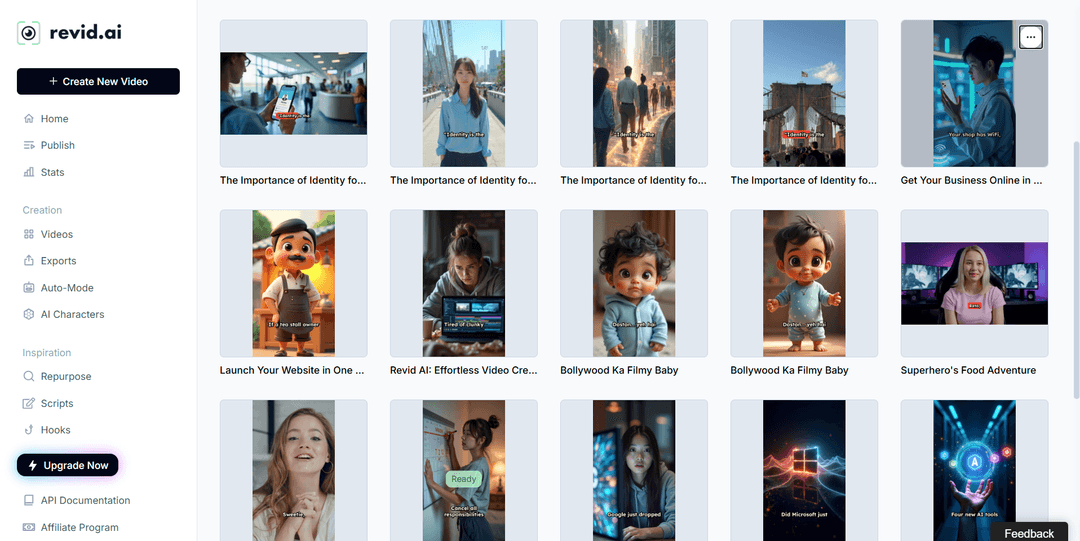 Revid dashboard with a grid of vertical AI-generated videos and a sidebar for Publish, Auto-Mode, Repurpose and Hooks