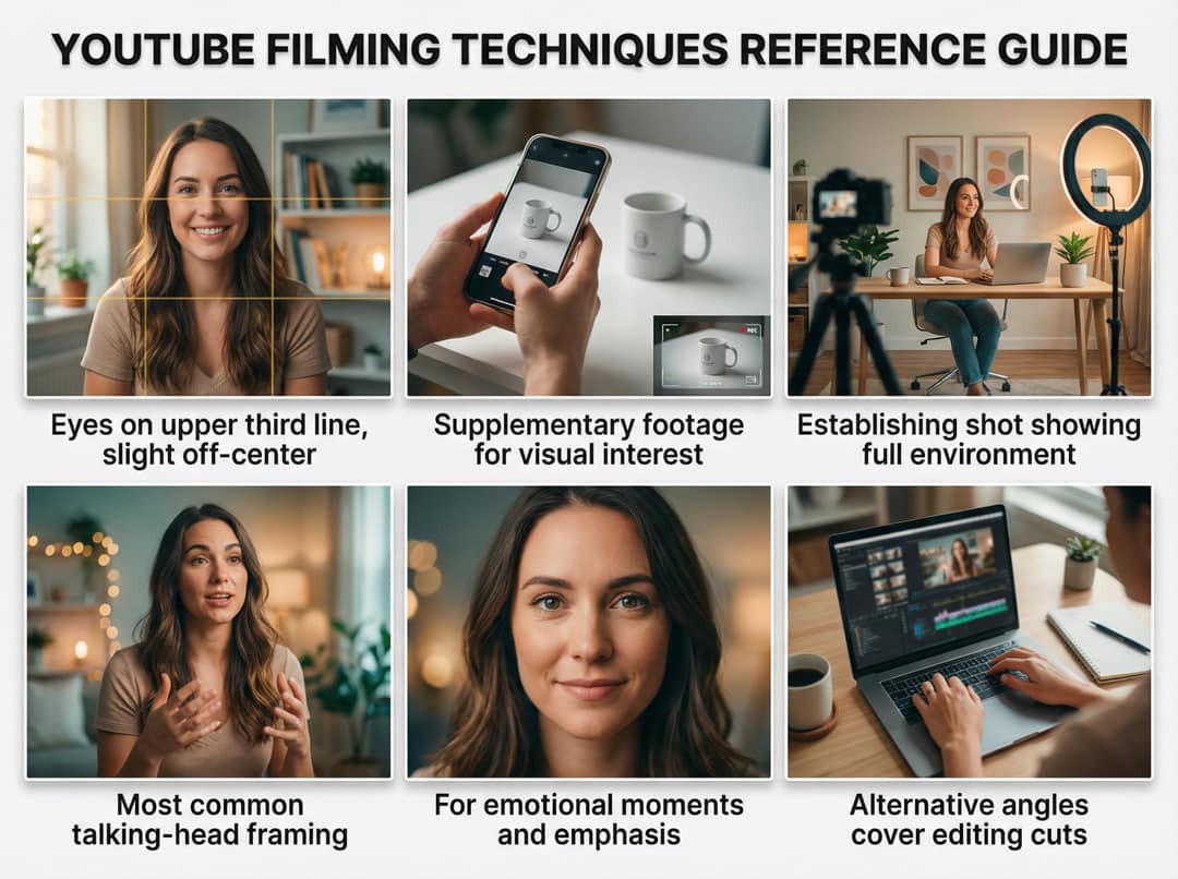 Six framing examples: rule of thirds, B-roll, establishing shot, medium talking shot, close-up and an alternate angle