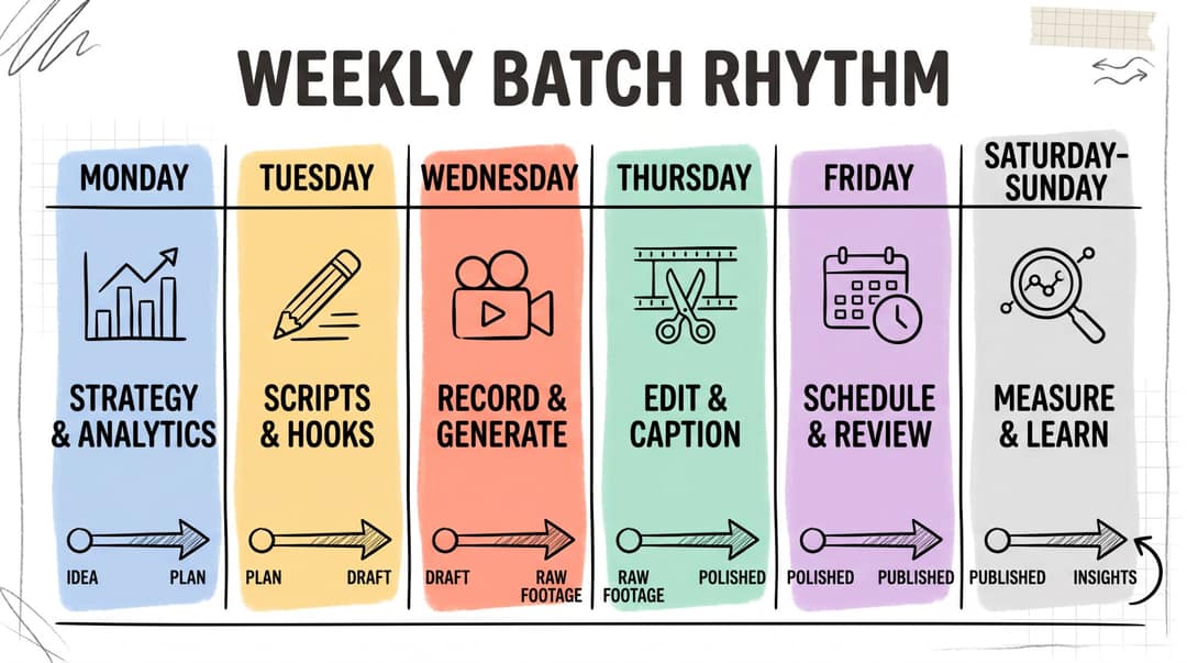 Weekly video production batch schedule showing Monday through Friday and weekend tasks for creators