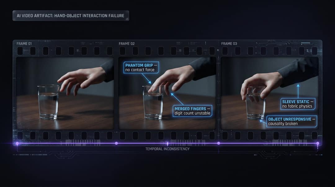 Forensic filmstrip panel showing AI video hand errors across 3 frames — phantom grip, merged fingers, and unresponsive object