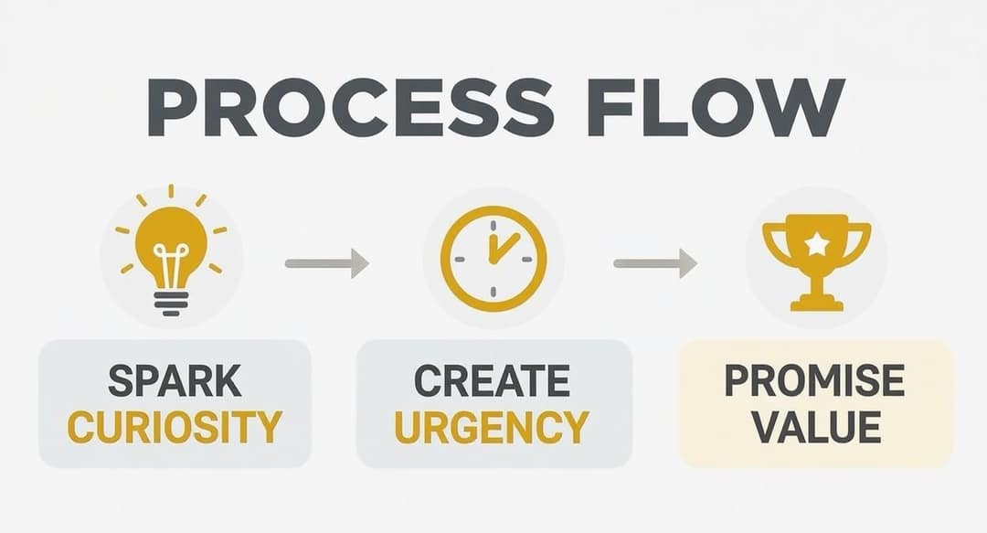 Three-step flow with icons: spark curiosity, create urgency, promise value