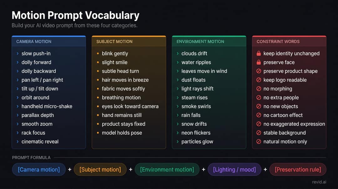 Motion prompt vocabulary in four groups: camera, subject, environment and constraint words