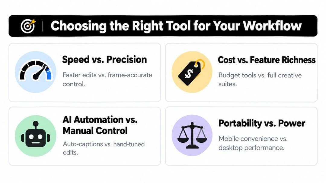 Grid of editor trade-offs: speed vs precision, cost vs features, AI automation vs manual control, portability vs power