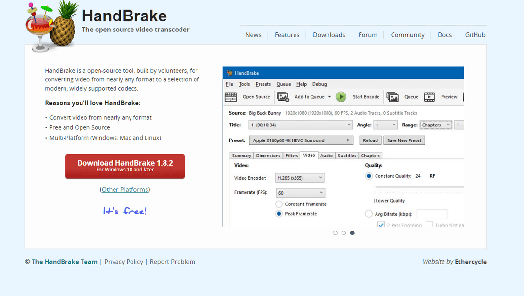 HandBrake window showing presets, video encoder and framerate settings