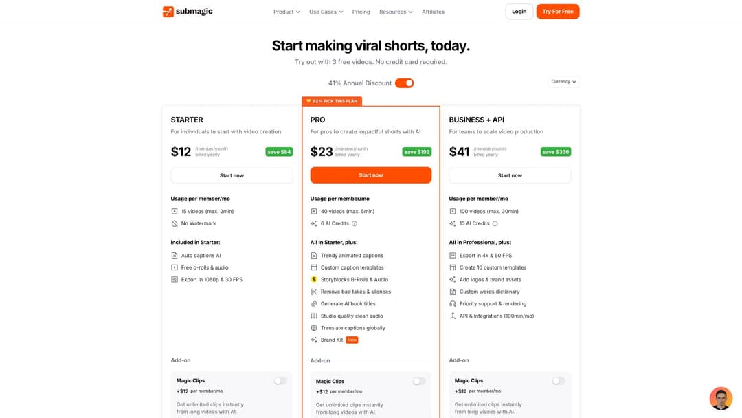 Submagic pricing page with yearly billing: Starter $12, Pro $23 and Business + API $41 per member per month
