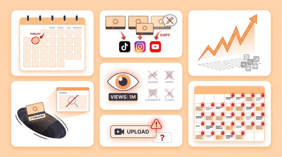 Seven common content calendar mistakes video creators make, shown as editorial warning icons in a clean grid layout
