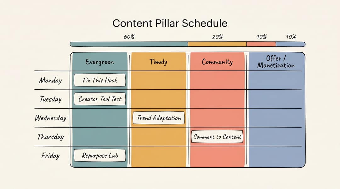 Content pillar framework showing weekly series schedule with Evergreen, Timely, Community, and Offer lanes mapped to Mon–Fri