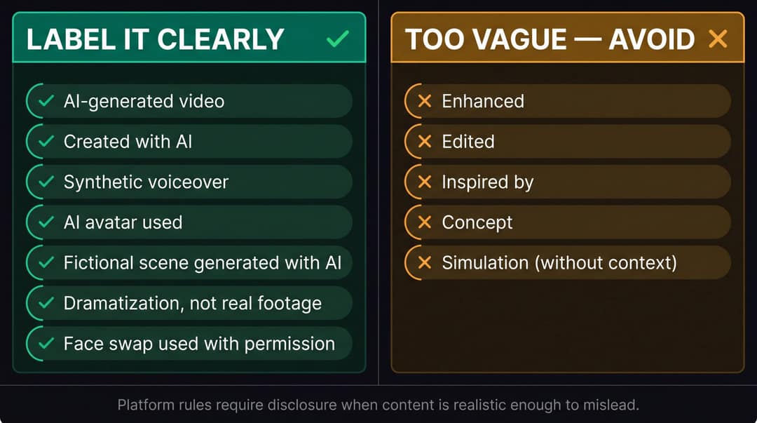 Split-panel reference card contrasting good AI disclosure phrases in green vs vague language to avoid in amber