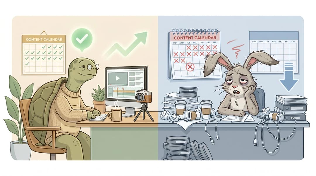 Editorial illustration contrasting a steady tortoise content creator posting consistently versus a burned-out hare creator overwhelmed by an unsustainable schedule