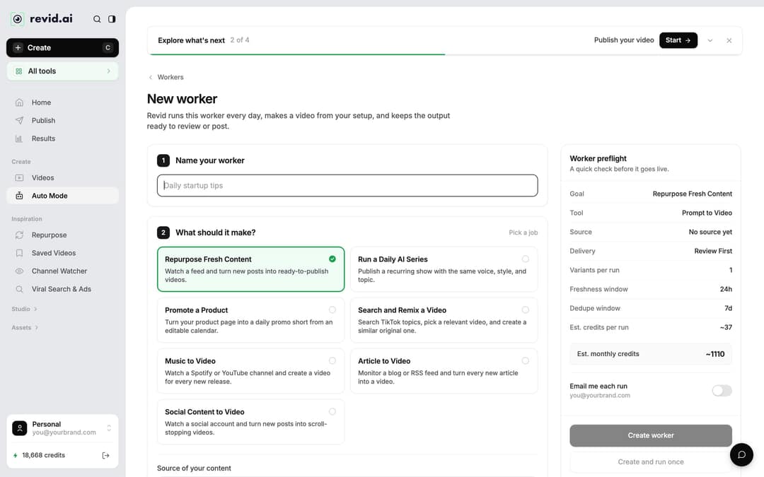 Revid New worker page: Name your worker, What should it make? with Promote a Product, and the Worker preflight panel