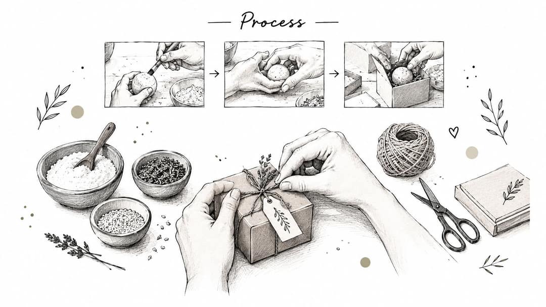 Illustration of a hands-on process for assembling and wrapping handmade gift boxes for small business products.
