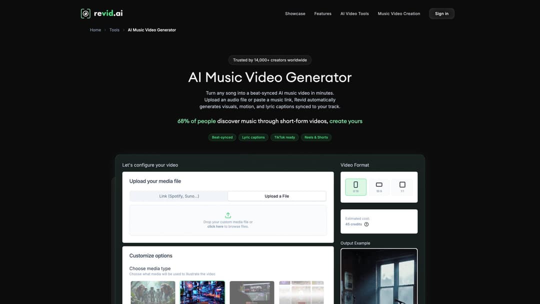 Revid.ai AI Music Video Generator with upload interface, beat-synced and lyric captions tags, and video format selector