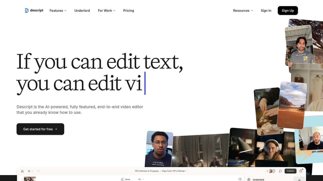 Descript homepage with the headline about editing video by editing text
