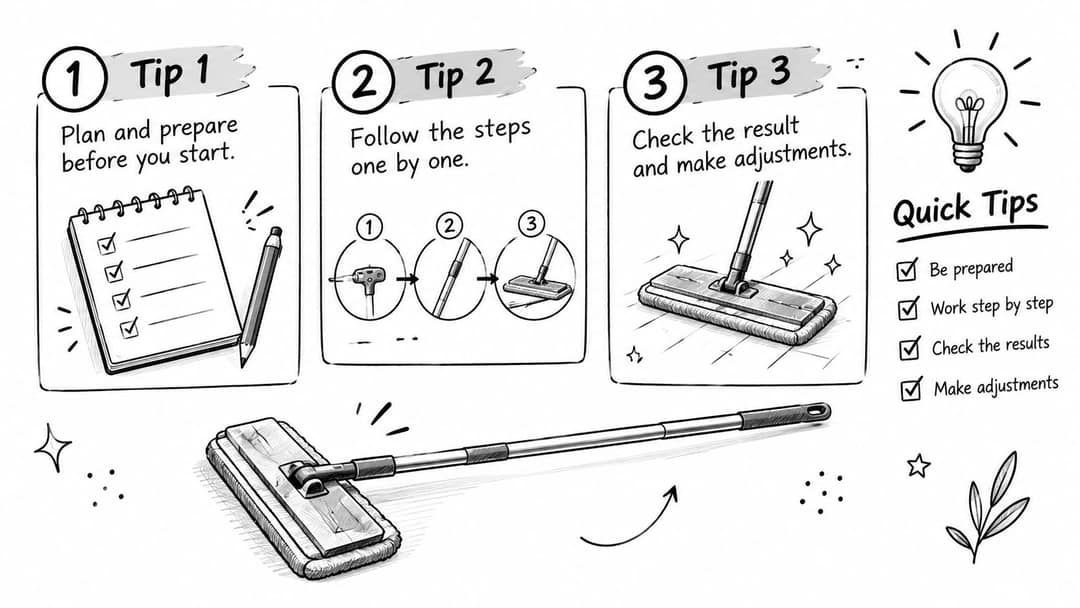 An instructional graphic showing three steps to prepare and use a mop for cleaning tasks.