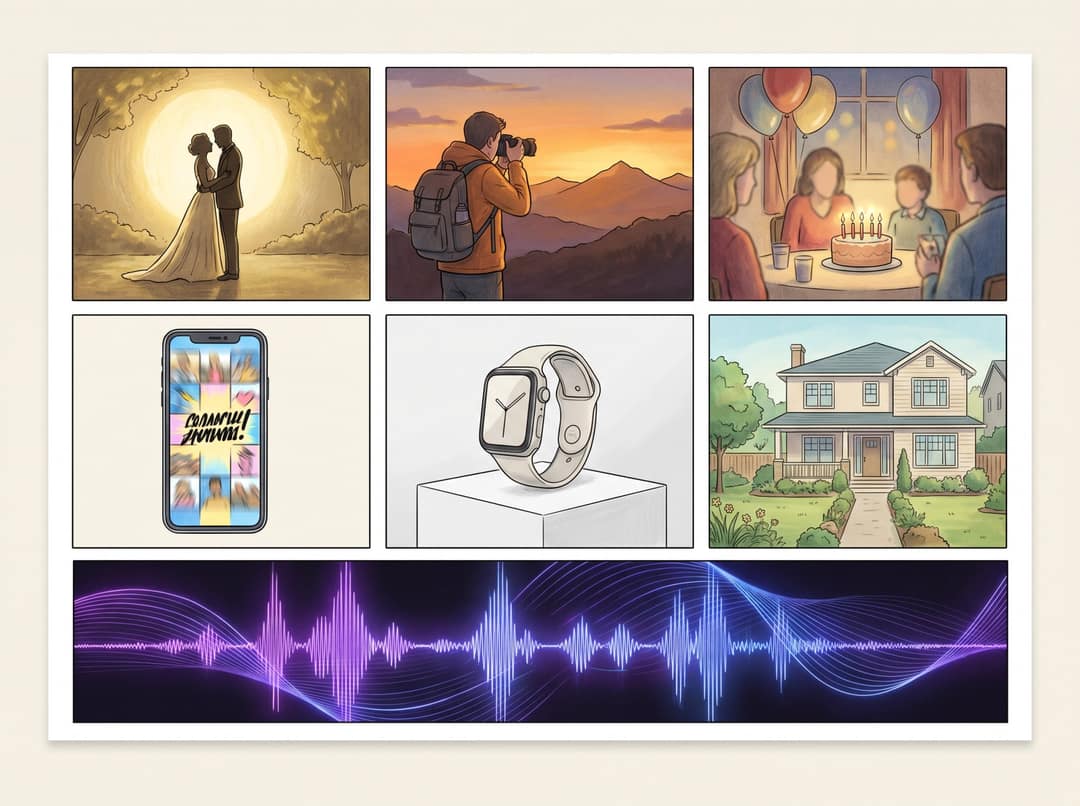 Seven photo video types illustrated as distinct vignettes: wedding, travel, birthday, product, real estate, TikTok, and music visualizer
