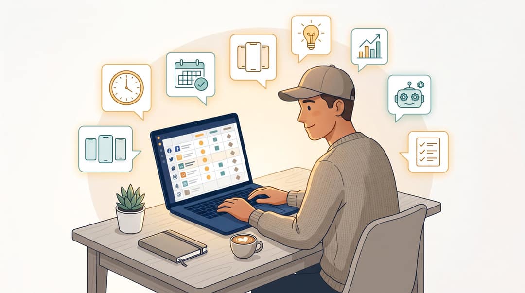 Editorial illustration of a video creator at a desk with a content calendar dashboard and floating FAQ topic icons