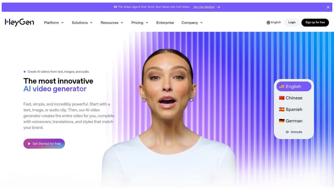HeyGen homepage with an AI avatar and a language selector