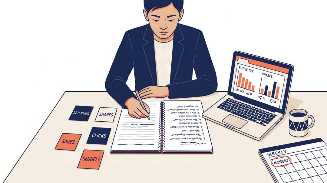Content creator conducting a weekly review ritual with analytics dashboard and 10-question checklist