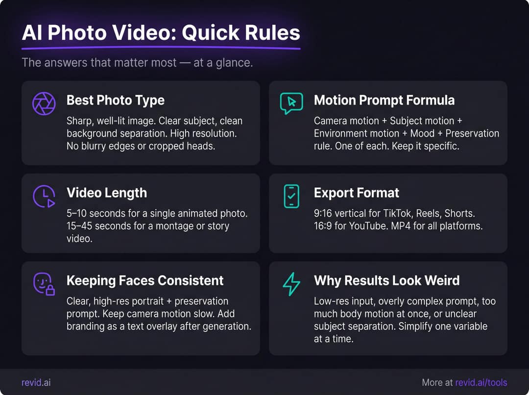 Cheat sheet of key rules for AI photo videos: photo quality, motion prompts, length and export format