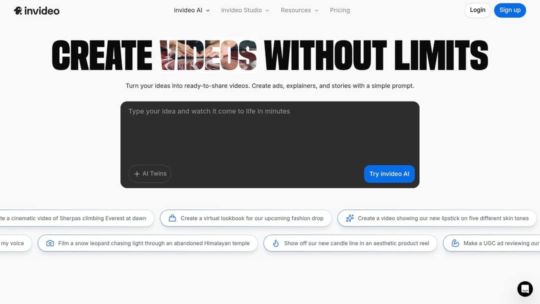 InVideo homepage with a prompt box and example video ideas