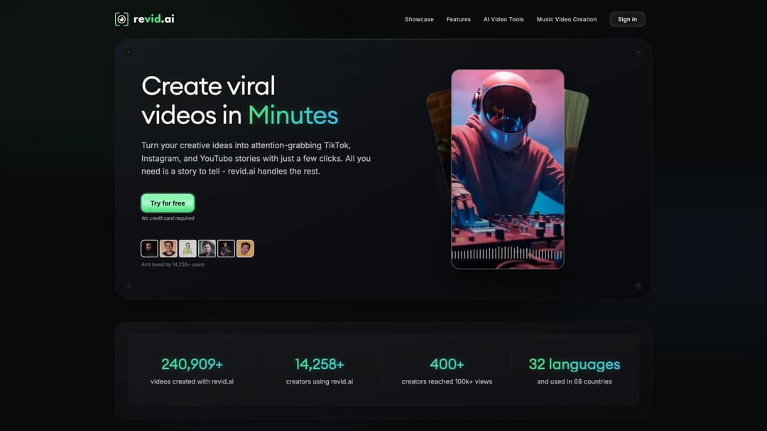 Revid.ai homepage with Create viral videos in Minutes headline, Try for free CTA, and 240,909 videos created social proof