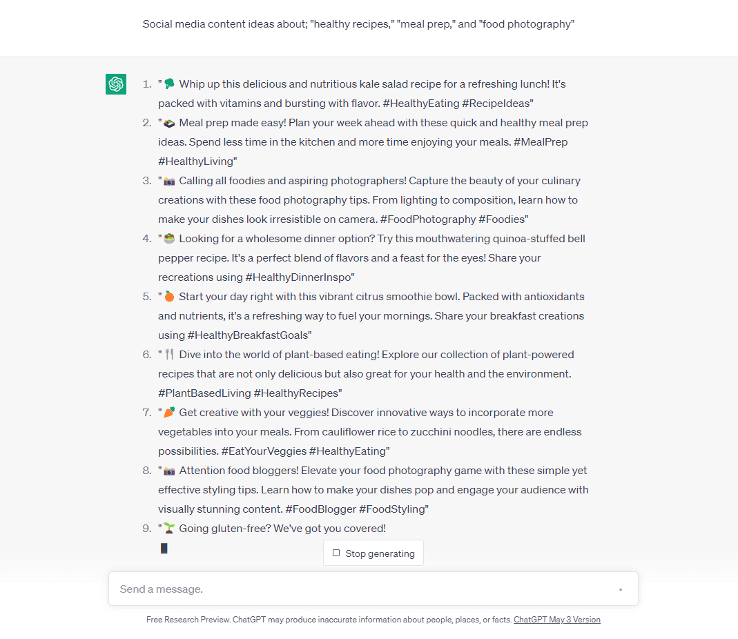ChatGPT example prompt on social media content ideas