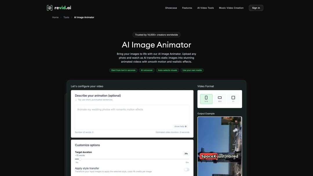 Revid AI Image Animator tool page for turning a still photo into an animated video