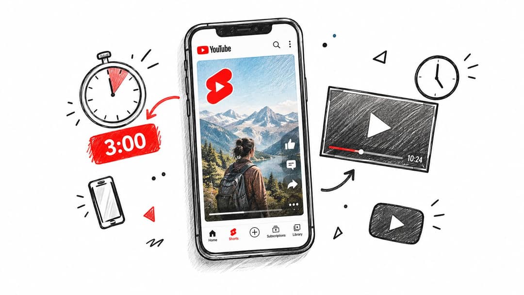 A smartphone displaying a YouTube Short video next to sketches of a stopwatch, a clock, and video player icons.