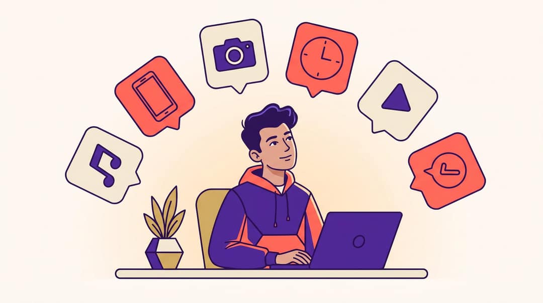 Editorial illustration of a creator surrounded by floating question cards covering photo video topics like music rights, timing, platform formats, and free tools