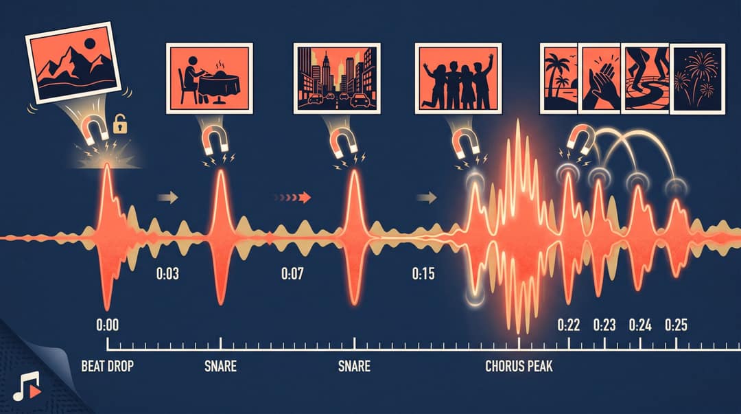 Editorial illustration of a music waveform timeline with photo frames snapping onto beat markers, showing how photos sync to musical cues