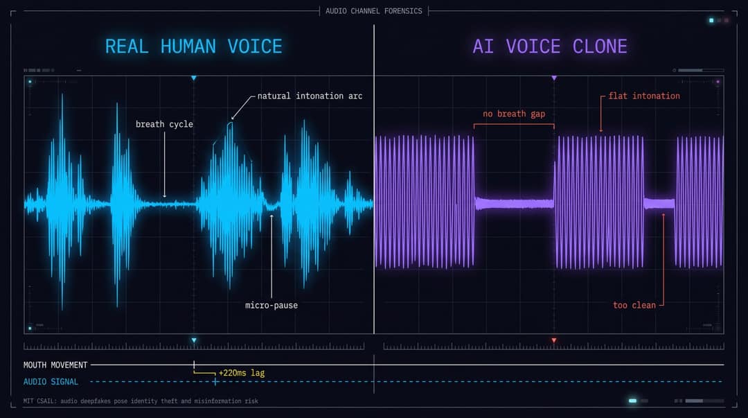 Forensic waveform comparison: natural human voice vs AI voice clone showing breath gaps, intonation flatness, and lip-sync lag