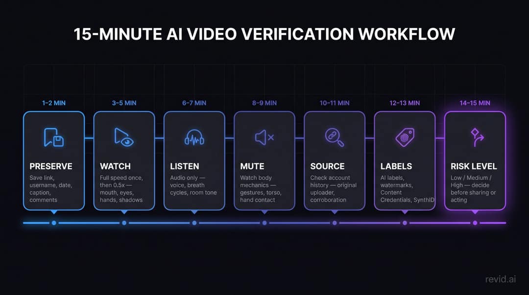 15-minute AI video verification workflow timeline showing 7 phases from preserving the original to assessing risk level