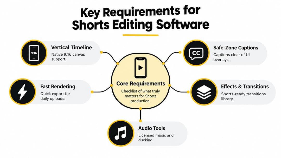Diagram of core Shorts editor requirements: vertical timeline, safe-zone captions, fast rendering, effects and audio tools