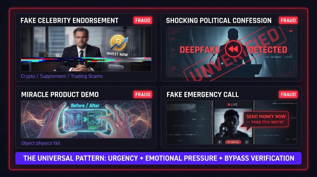 Four AI video scam archetypes shown as a dark threat-intelligence reference card with fraud warning indicators