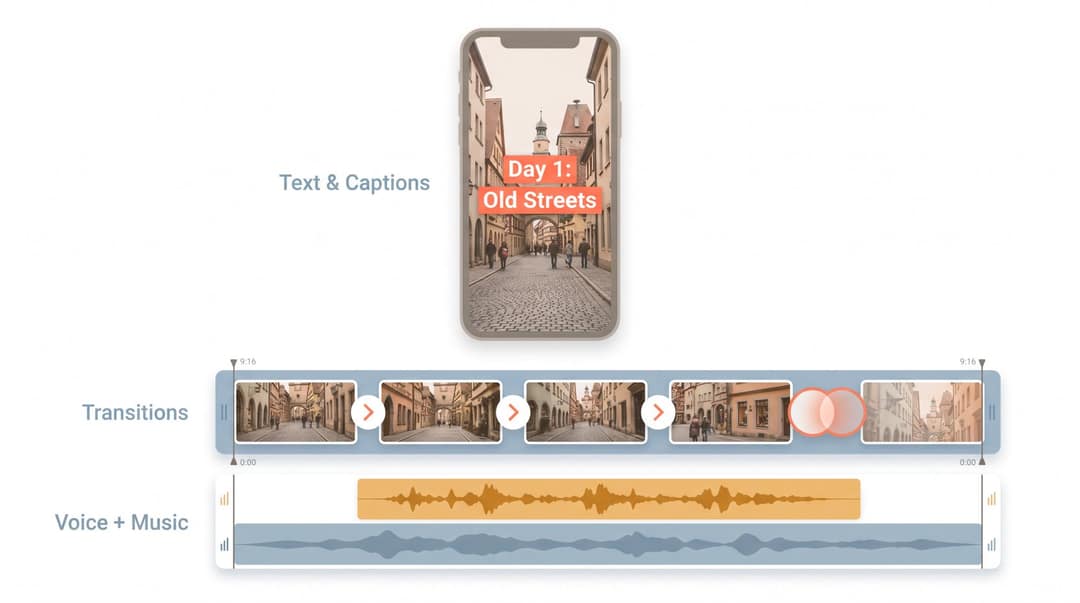 Editorial illustration of a vertical phone video editor showing text overlays, transition cues, and a voiceover waveform layer