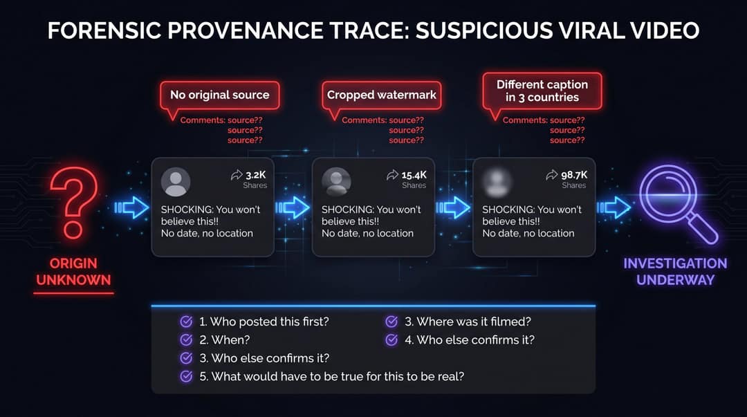 Investigative diagram tracing a suspicious viral video through anonymous repost accounts back to its untraceable origin
