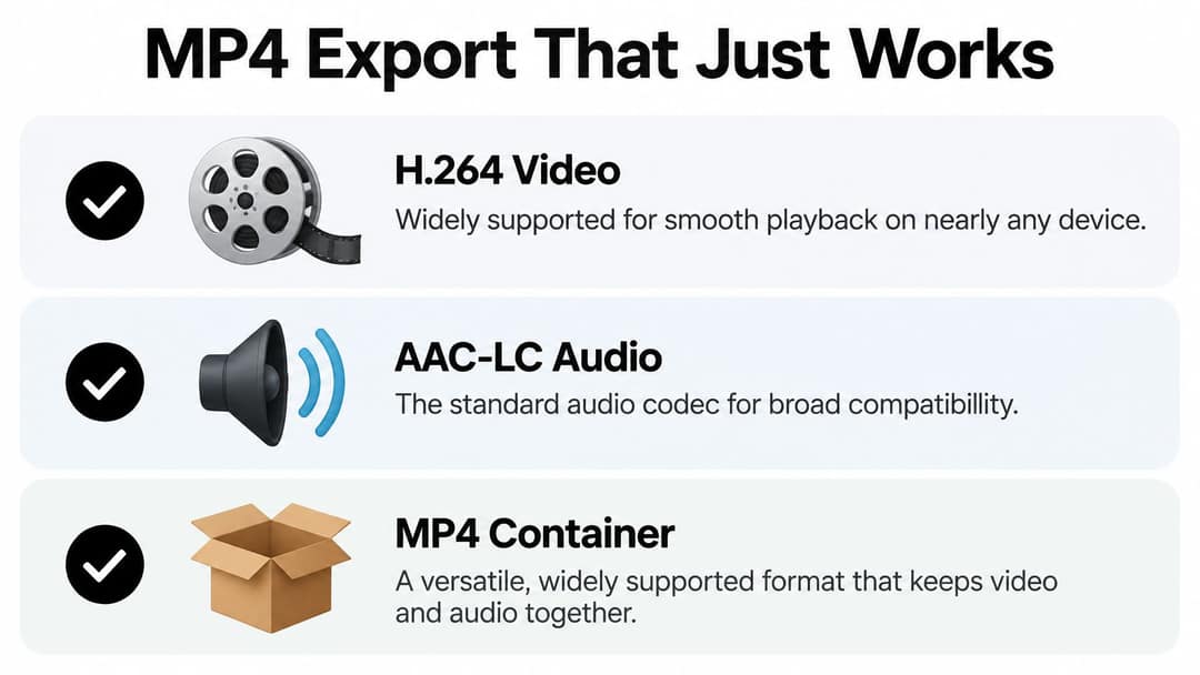 A graphic infographic explaining the recommended H.264 video, AAC-LC audio, and MP4 container settings for universal compatibility.