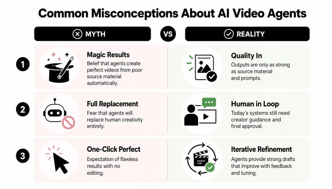 Myth versus reality chart: magic results vs quality in, full replacement vs human in loop, one-click perfect vs iterative refinement