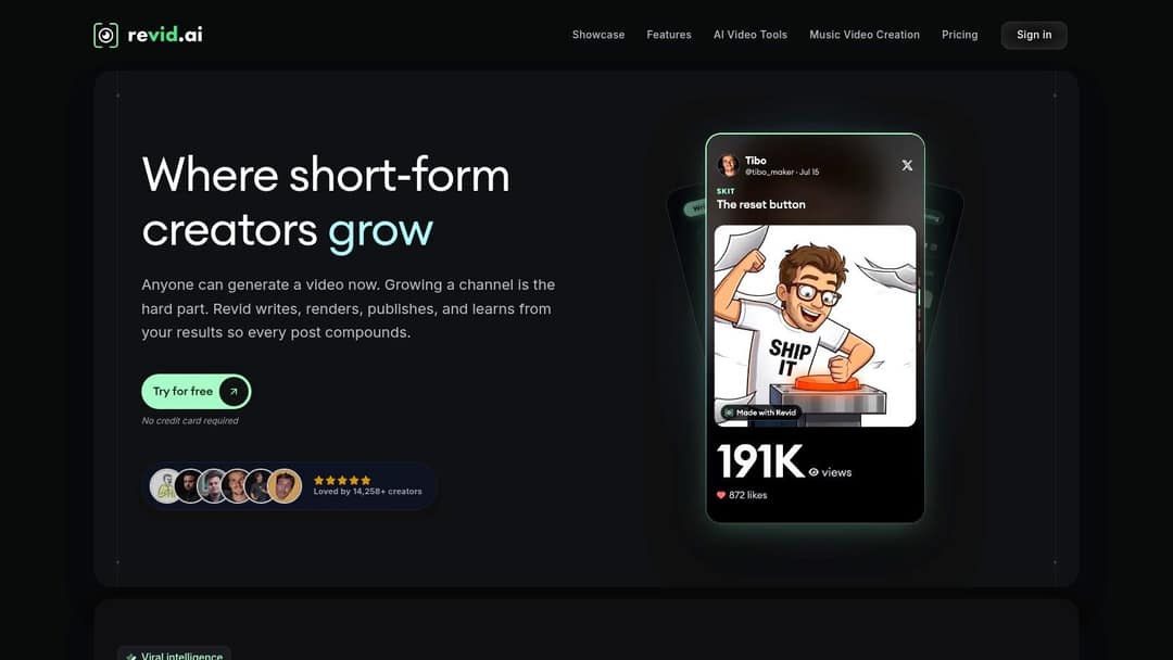 Revid homepage with the headline Where short-form creators grow and a sample video card