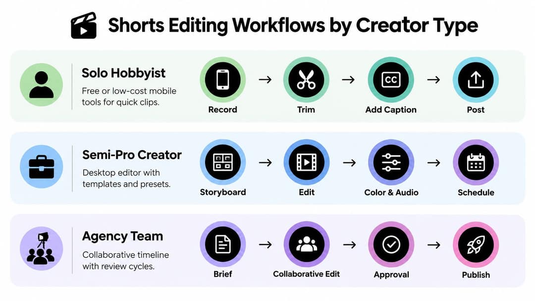 Shorts editing workflows for a solo hobbyist, a semi-pro creator and an agency team, from recording to publishing