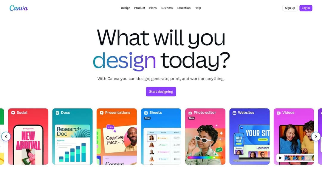 Canva homepage with tiles for social posts, docs, presentations and videos