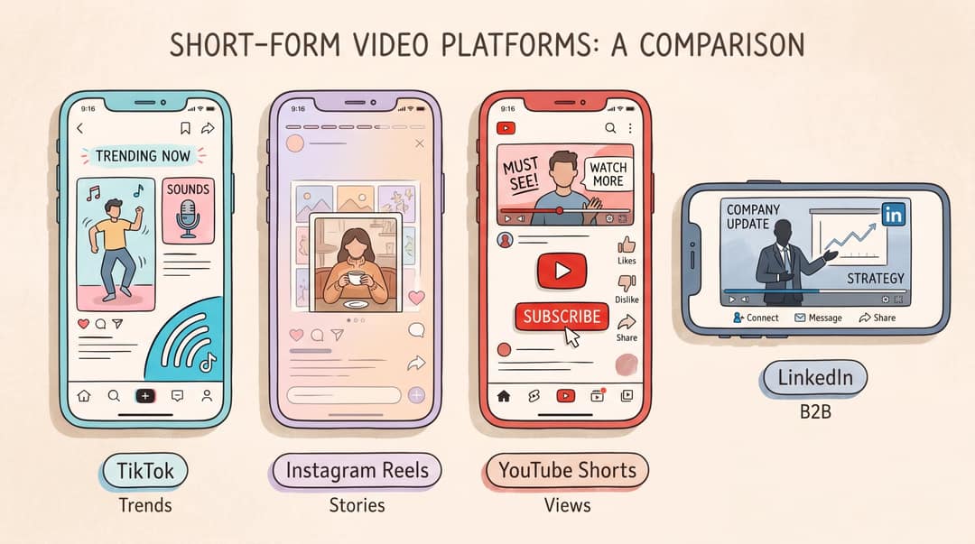 Four smartphone screens side by side showing TikTok, Instagram Reels, YouTube Shorts, and LinkedIn video formats with different aspect ratios