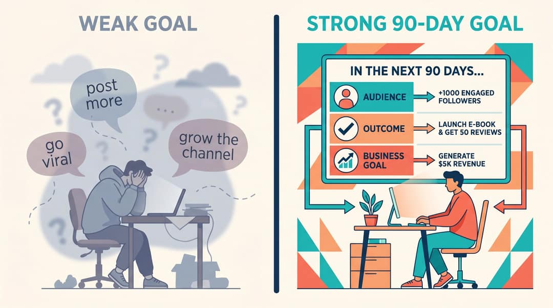Split editorial illustration comparing vague video content goals on the left with a structured 90-day goal framework on the right