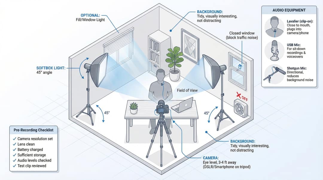 Home studio diagram: camera at eye level on a tripod, two softboxes at 45 degrees, tidy background, three mic options