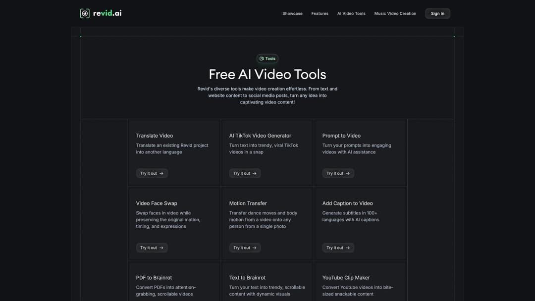 Revid.ai Free AI Video Tools hub grid showing TikTok Generator, Prompt to Video, Motion Transfer, and Caption tool cards