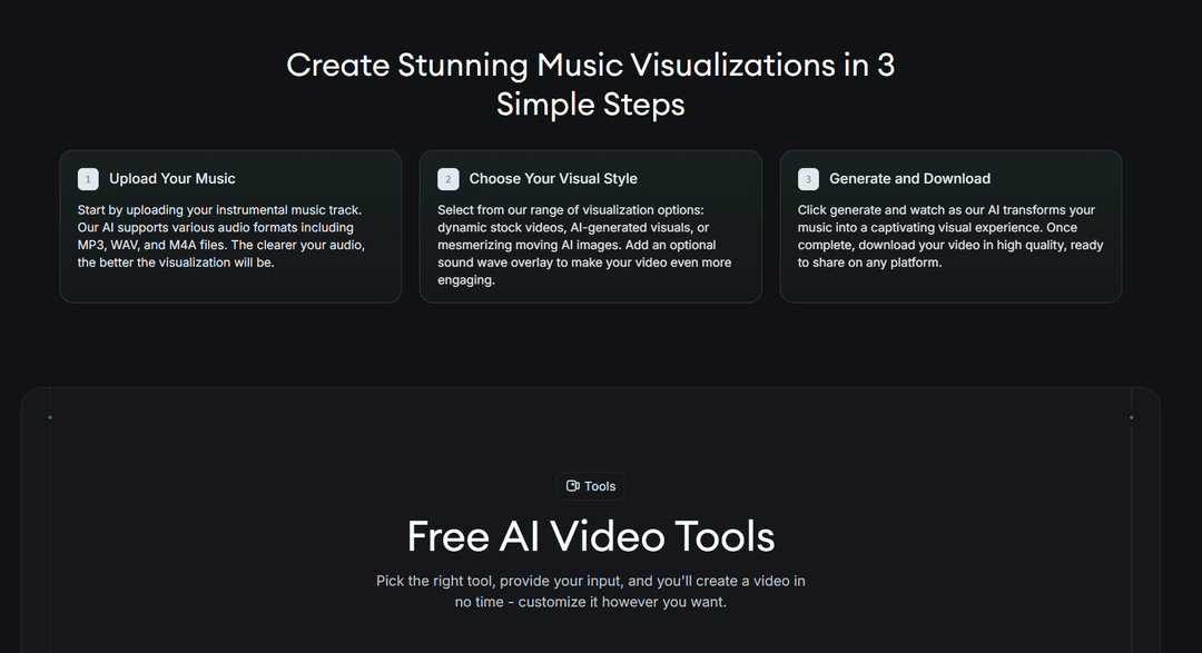 Revid AI music visualizer page showing three steps: upload music, choose a visual style, generate and download